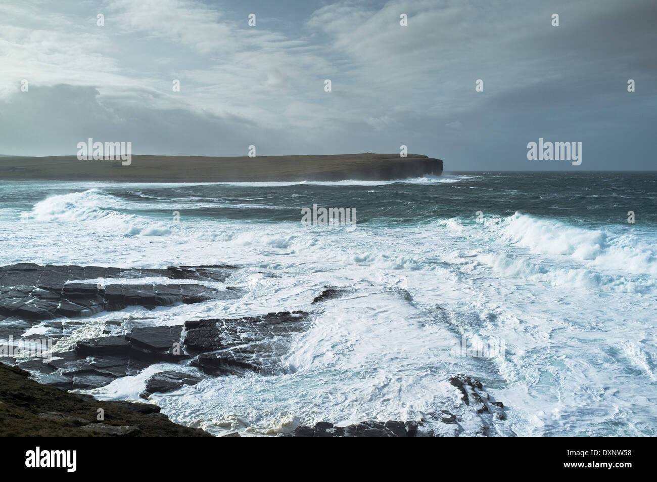 dh Skaill Bay SANDWICK ORKNEY Big white sea waves stormy crashing shore bad weather Scotland coast storm breaking wild rough ocean uk Stock Photo