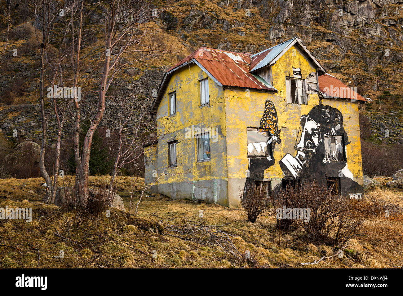 Scandinavia, Norway, Lofoten, Grafitti on an old house in Gimsoy Stock Photo