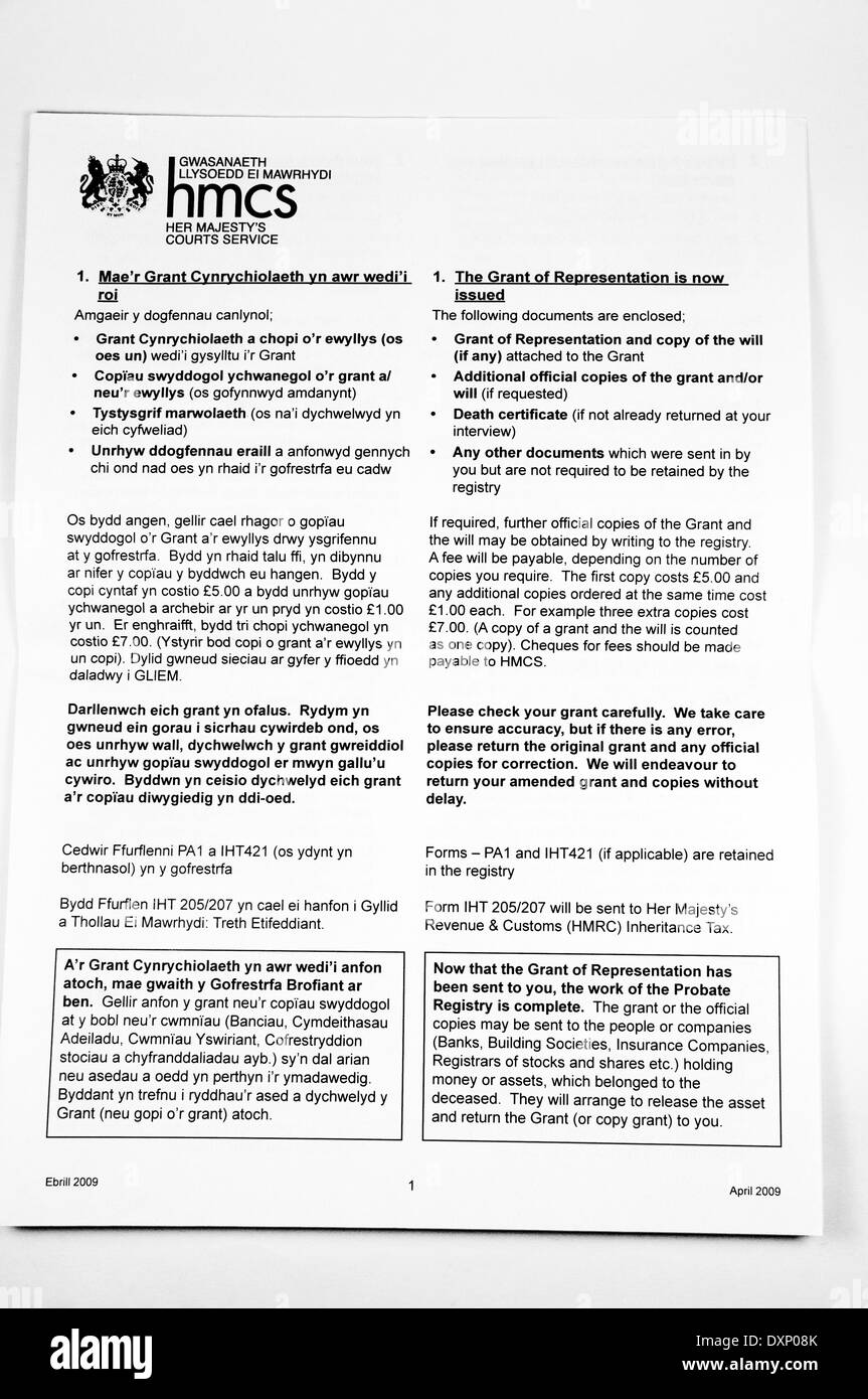 Grant of Representation letter from Her Majesties Court Service 