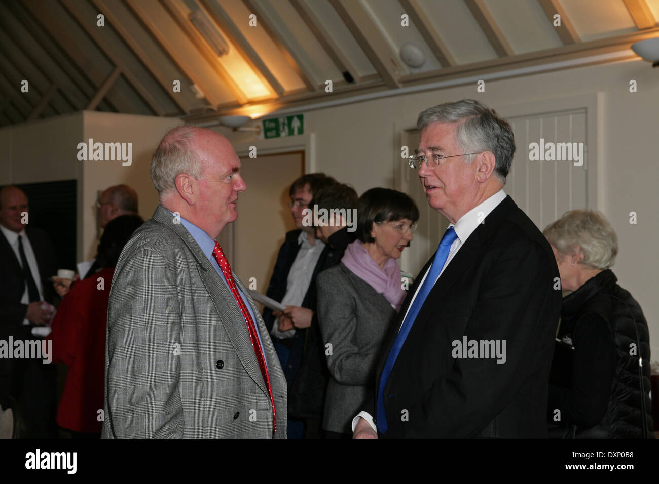 Westerham, UK. 28th March, 2014. Christopher Jary chats to RT Hon Michael Fallon MP before thestart of the public speaking workshop day at Chartwel Credit: Keith Larby/Alamy Live News Stock Photo