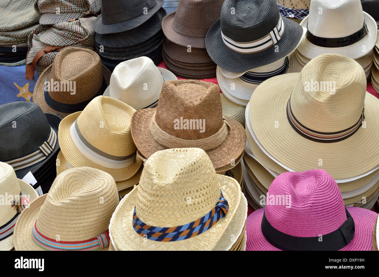 Straw hats on a market stall, London, UK. Stock Photo