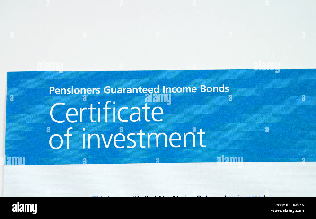 Pensioners Guaranteed income bond, certificate of investment. Stock Photo