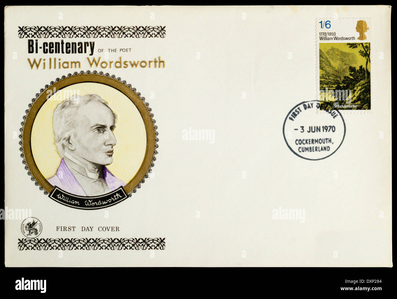 1970 First Day Cover celebrating William Wordsworth's bi-centenary. Postmarked at Cockermouth in Cumberland. Stock Photo