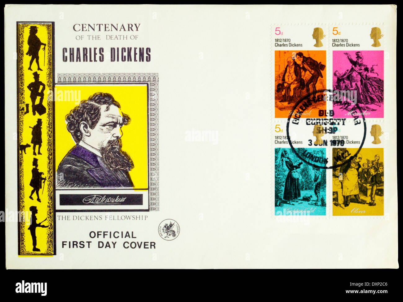 1970 Official First Day Cover commemorating the centernary of Dickens' Death. With Old Curiosity Shop postmark. Stock Photo