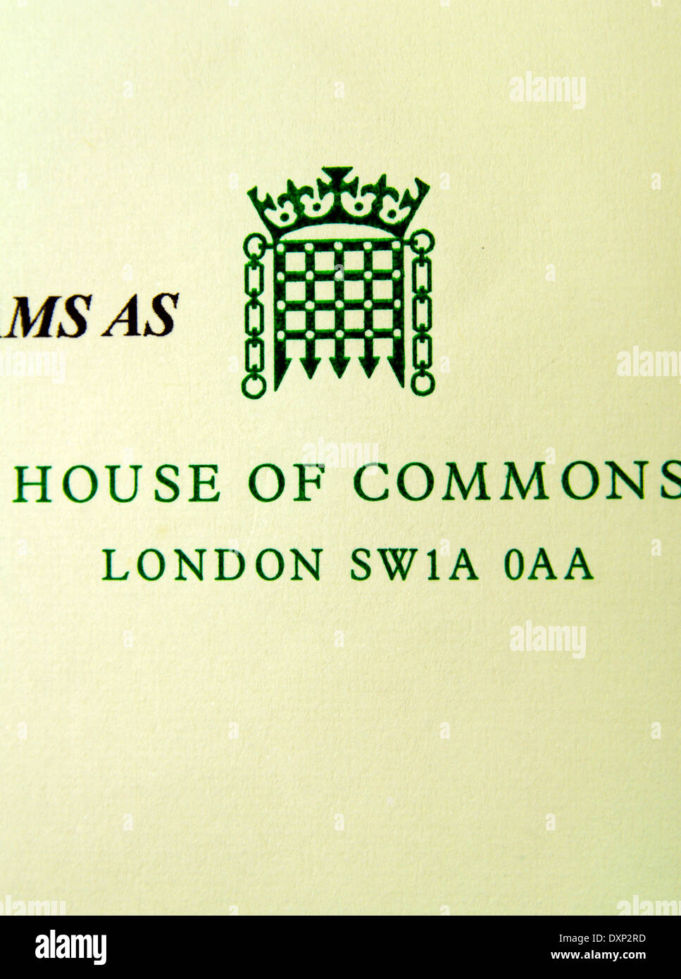 House of Commons Letterhead. Stock Photo