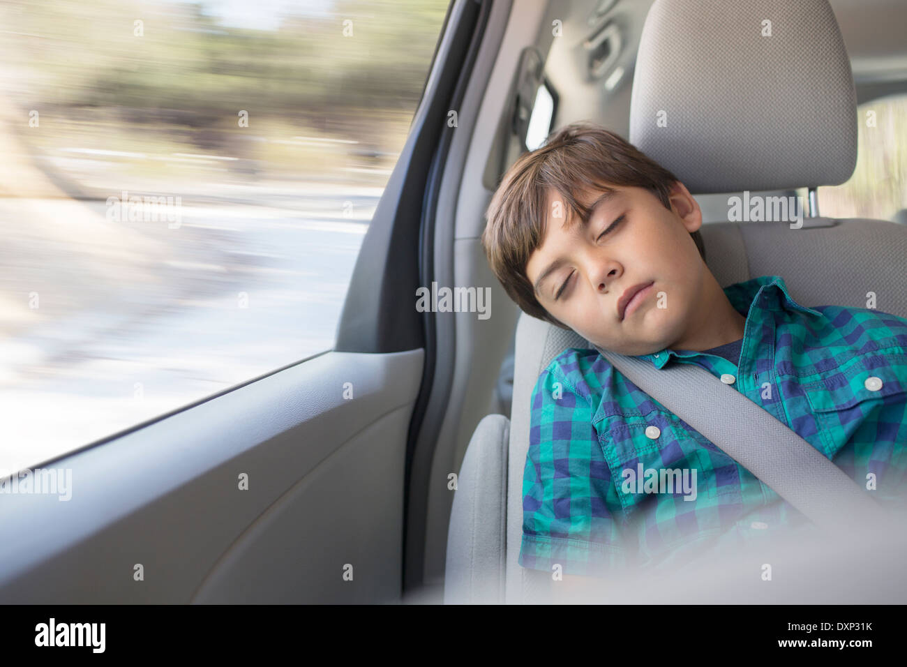 Boy sleeping in back seat of car Stock Photo