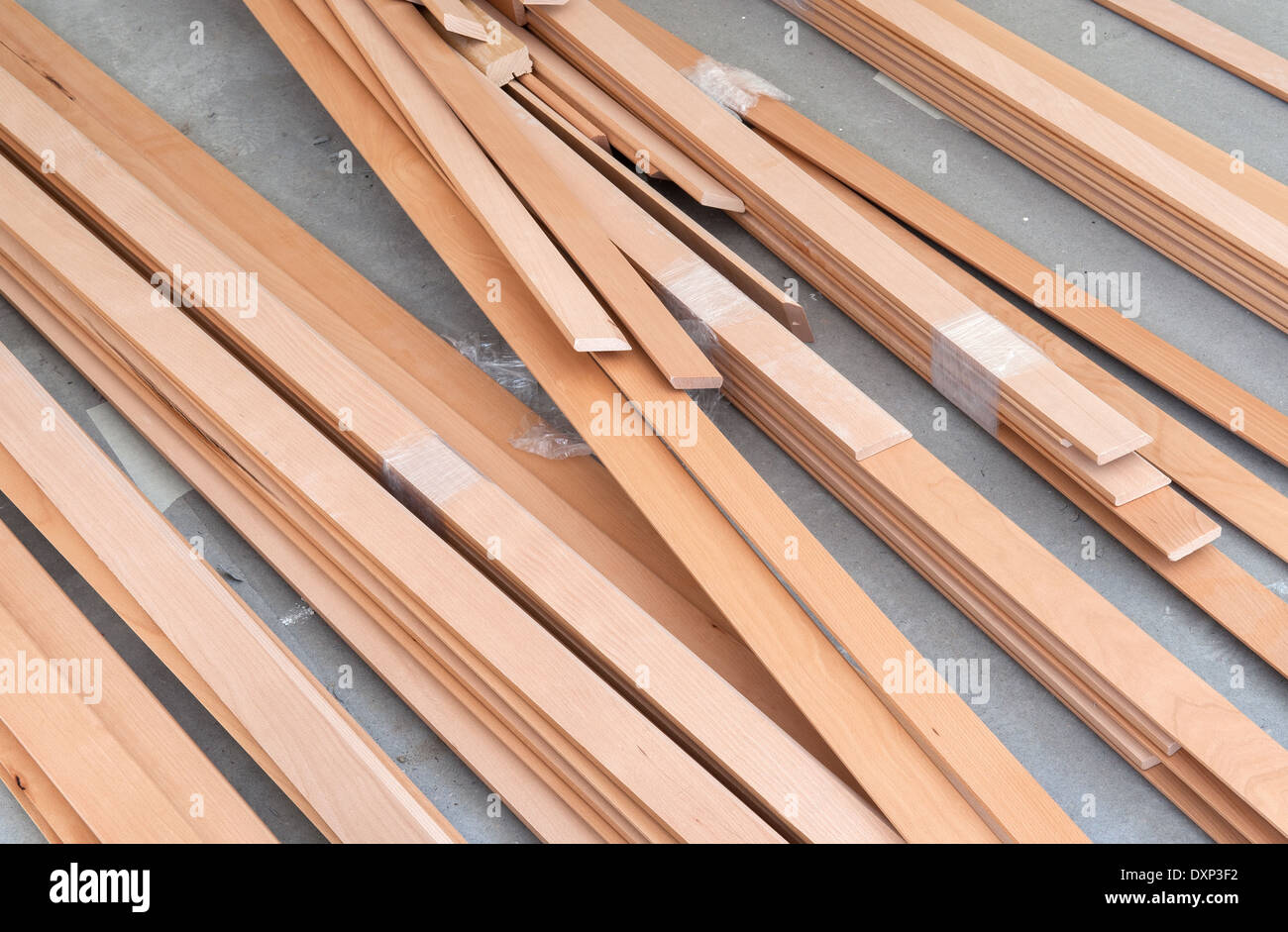 Berlin, Germany, wooden strips for flooring are on a construction site Stock Photo