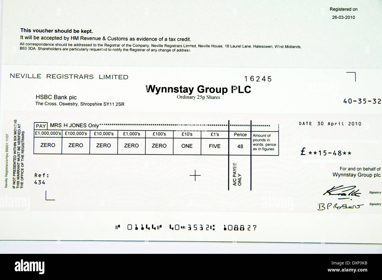 Share Dividend from Wynnstay Group PLC Stock Photo