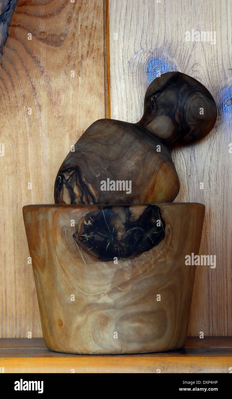 Mortar and pestle - turned natural wood - kitchenalia Stock Photo