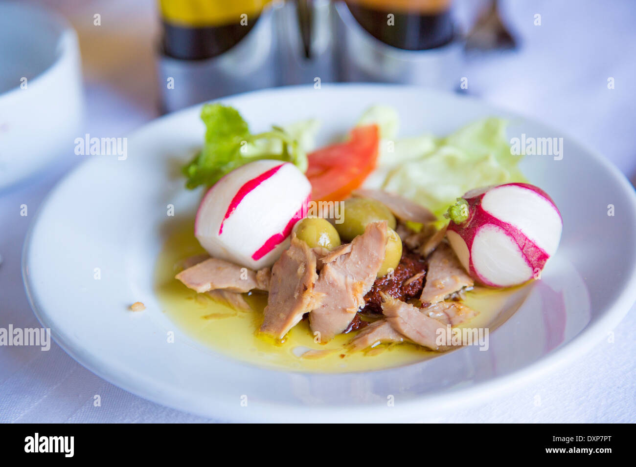 Tuna salad mezze at a restaurant in Sfax, Tunisia Stock Photo