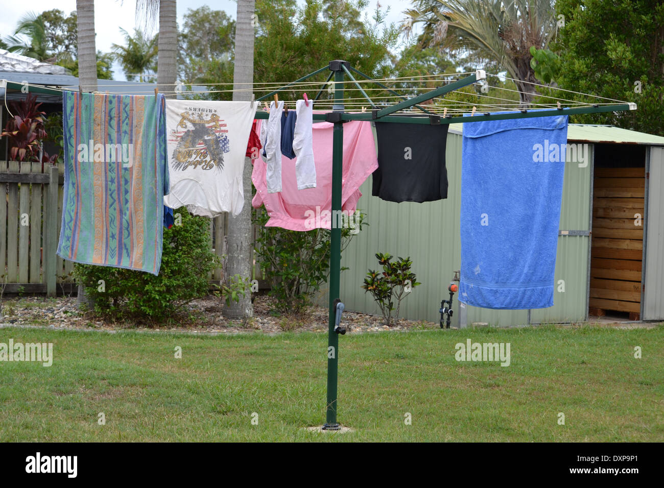 clothes and towels on clothesline Stock Photo