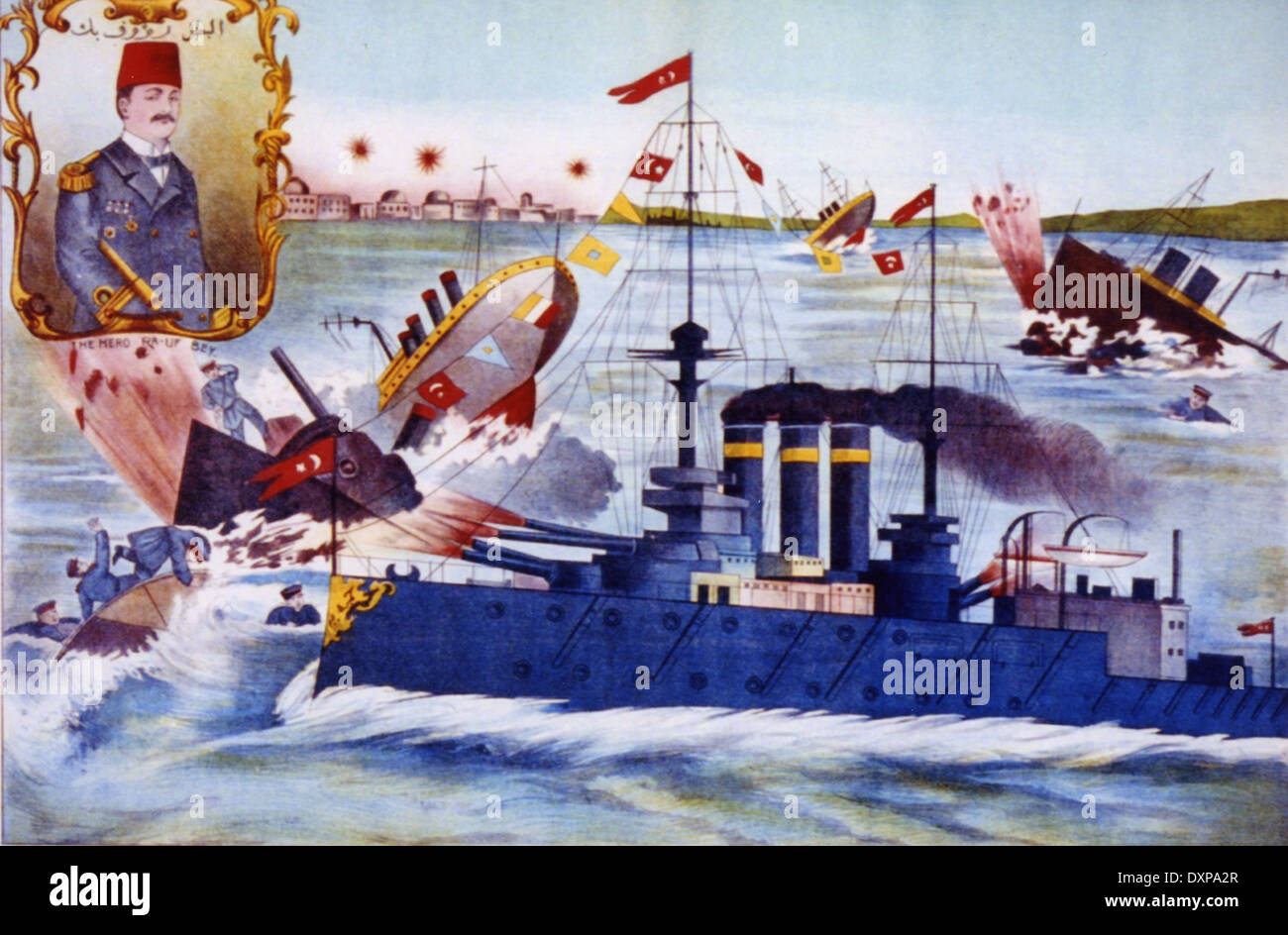 OTTOMAN CRUISER 'HAMIDIYE' bombards Greek and Serbian transport ships off the coast of Albania in January 1913 - see Description Stock Photo