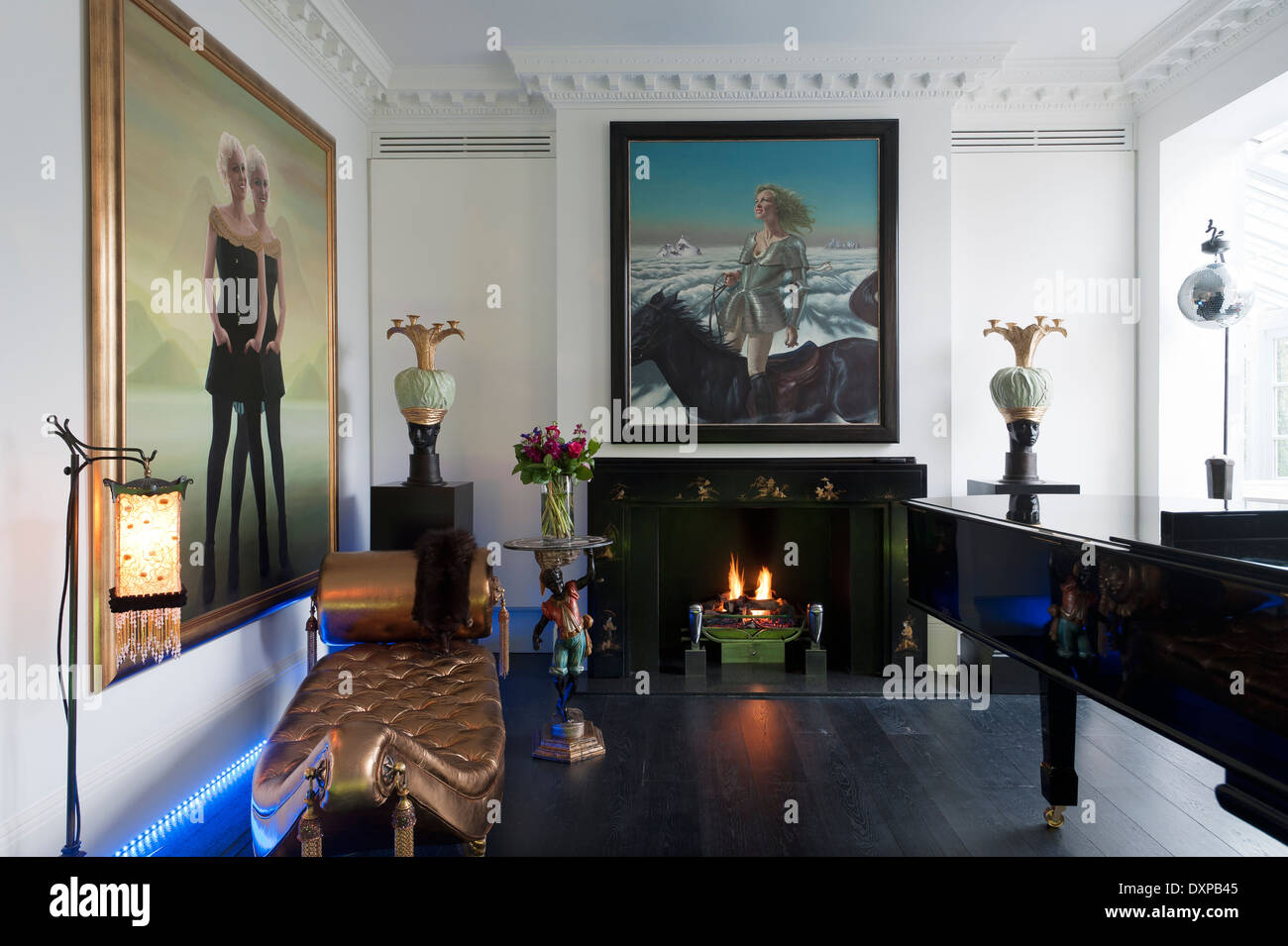 Mark Brazier-Jones Jaba couch in living room with black grand piano Stock Photo