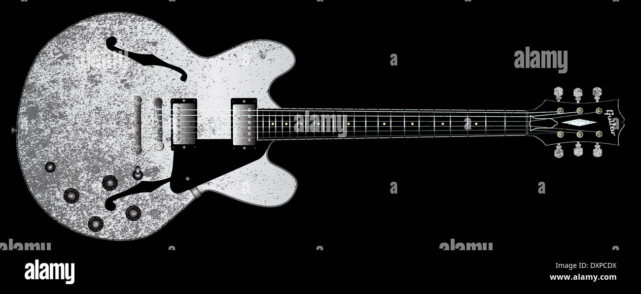 A white jazz semi electric guitar set into a black grunge style Stock