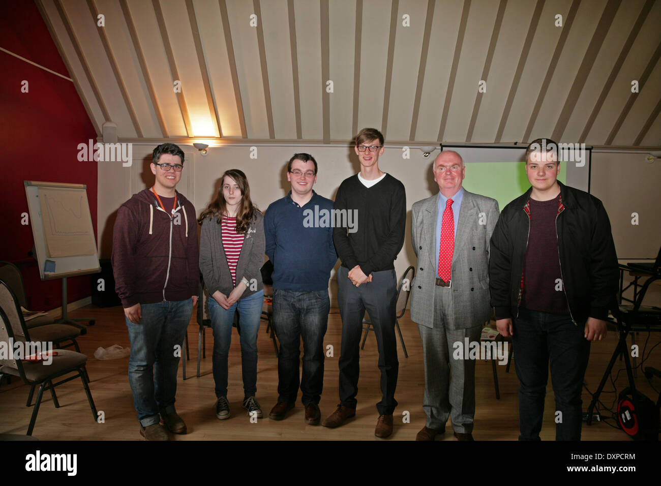 Westerham, UK. 28th March 2014. Oxted School pupils pose with Christopher Jary at the public speaking workshop day at Chartwell Credit:  Keith Larby/Alamy Live News Stock Photo