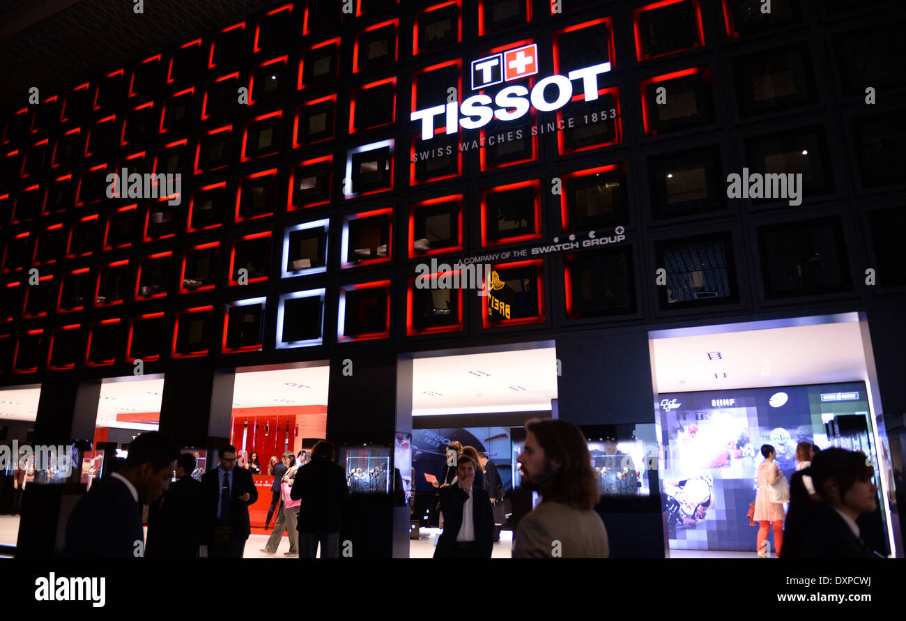 Basel, Switzerland. 28th Mar, 2014. The logo of watch manufacturer Tissot is on display at the International watch and jewellery fair Baselworld 2014 in Basel, Switzerland, 28 March 2014. Around 1400 exhibitors are goint to attend the worldwide largest fair for watches and clocks, running from 27 March to 3 April 2014. Photo: Patrick Seeger/dpa/Alamy Live News Stock Photo