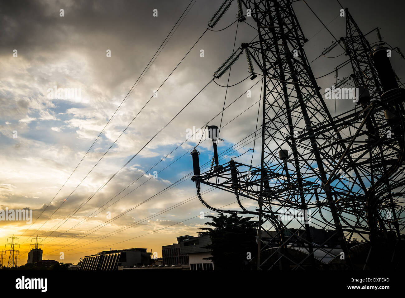 electricity poles in the city on sunrise Stock Photo - Alamy