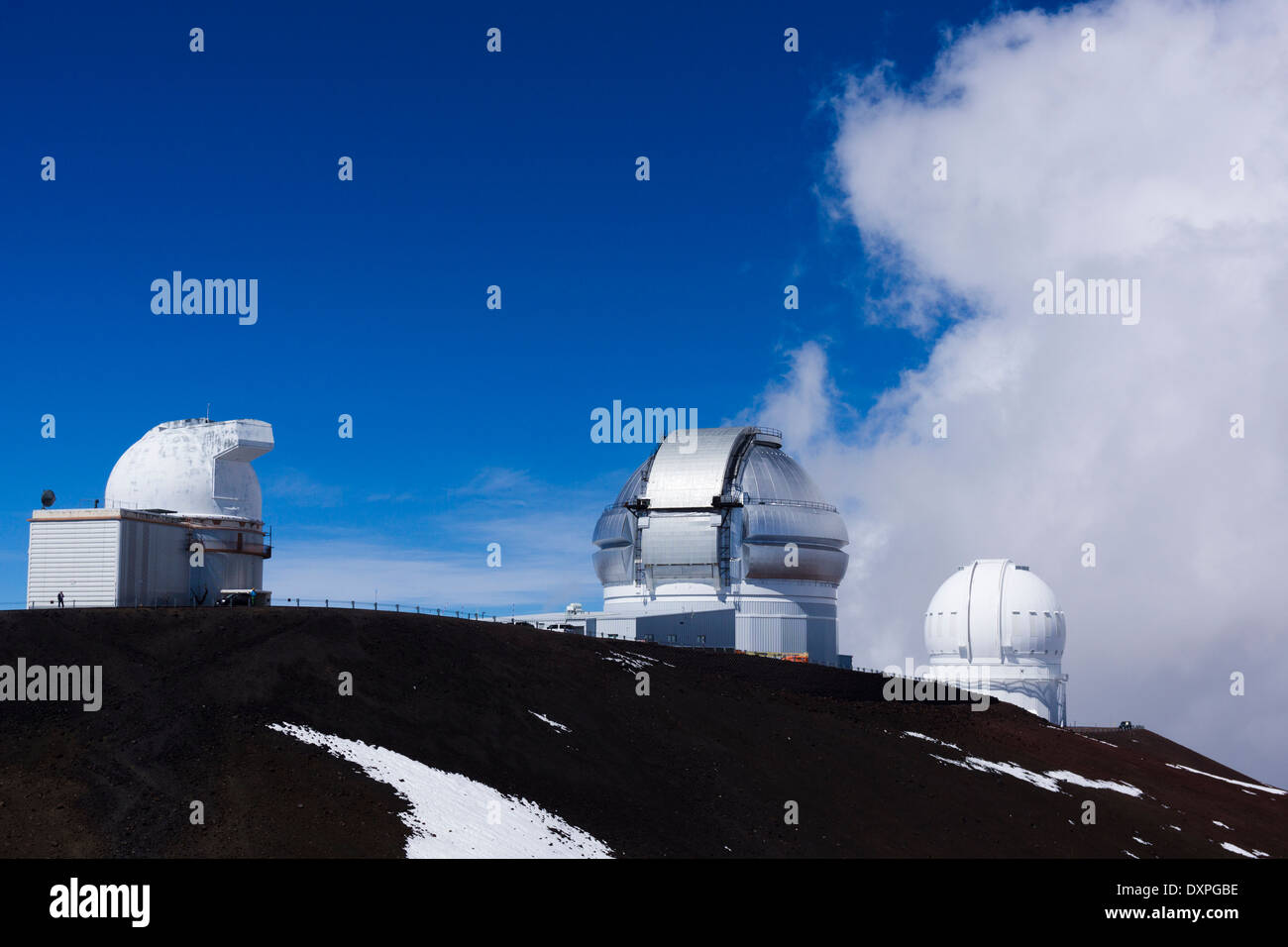 U.H. 2.2-meter, Gemini and Canada-France-Hawaii telescopes. Mauna Kea summit, Big Island of Hawaii. Stock Photo