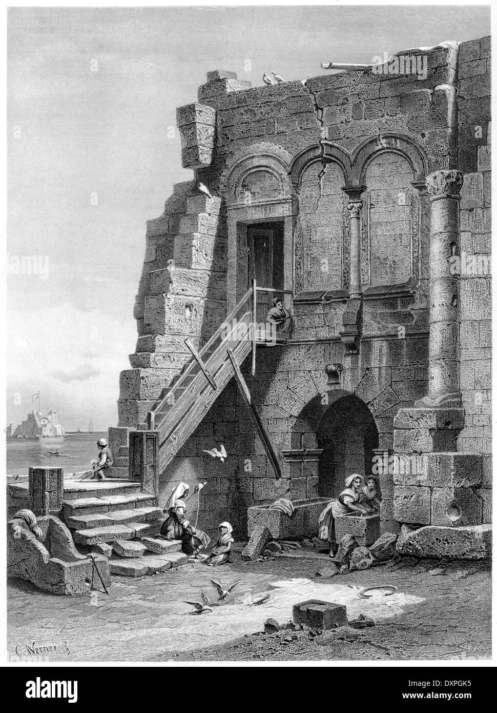 An engraving entitled 'Virgil's House, Brindisi' scanned at high resolution from a book published around 1878. Believed copyright free. Stock Photo