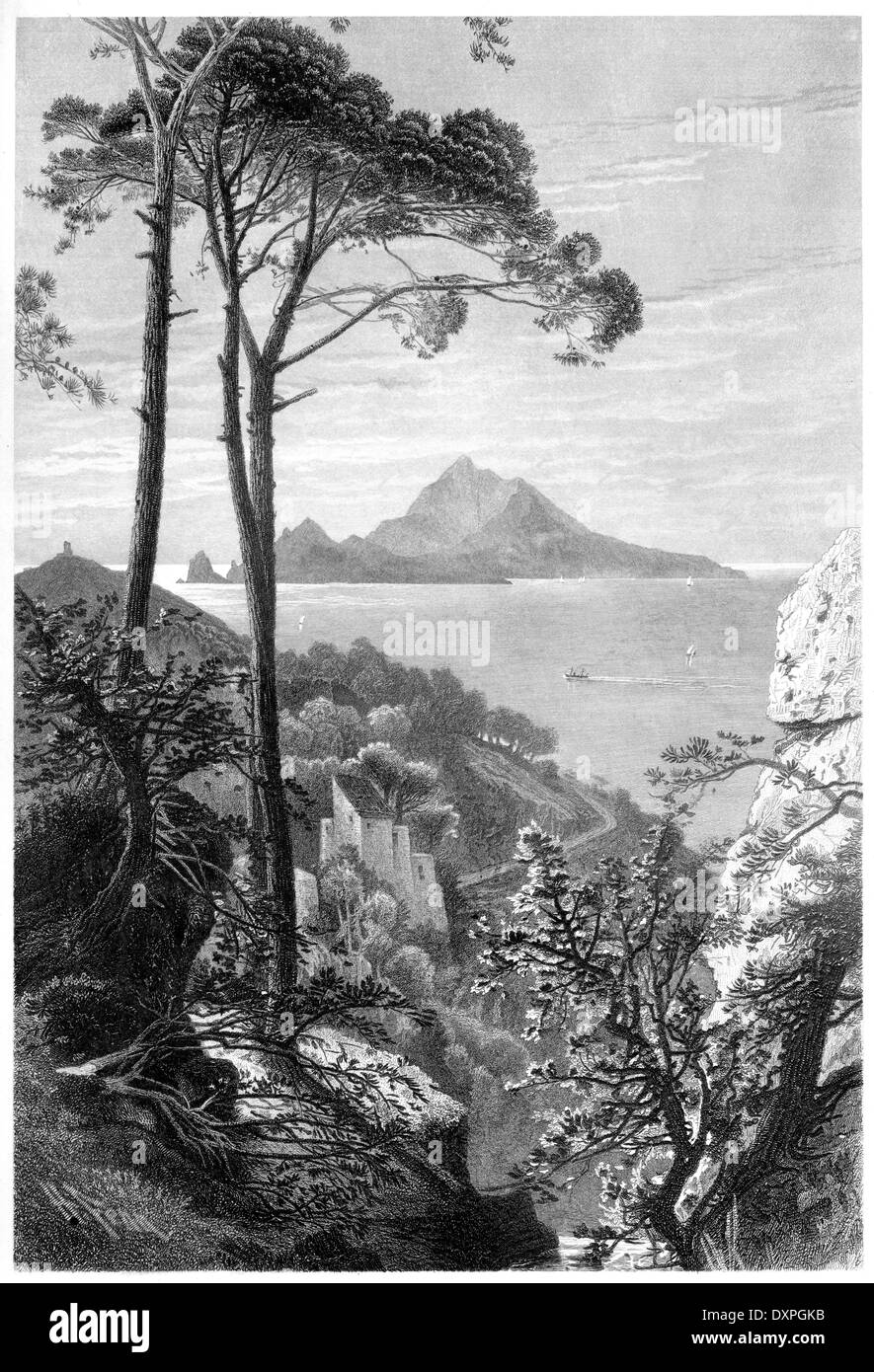 An engraving entitled 'Capri' scanned at high resolution from a book published around 1878. Believed copyright free. Stock Photo