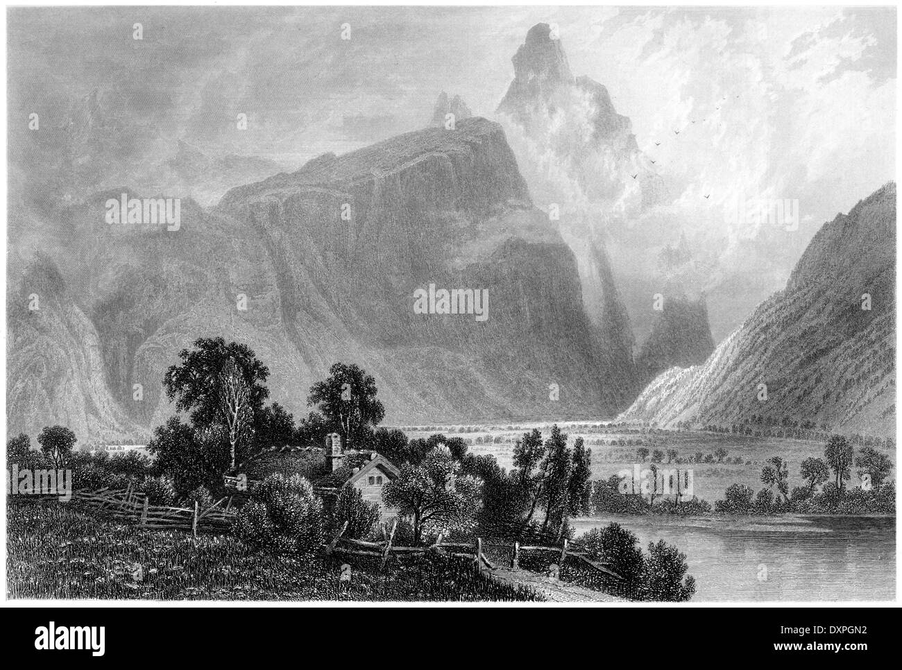 An engraving entitled 'The Romsdalhorn from Aak' scanned at high resolution from a book published around 1878. Stock Photo