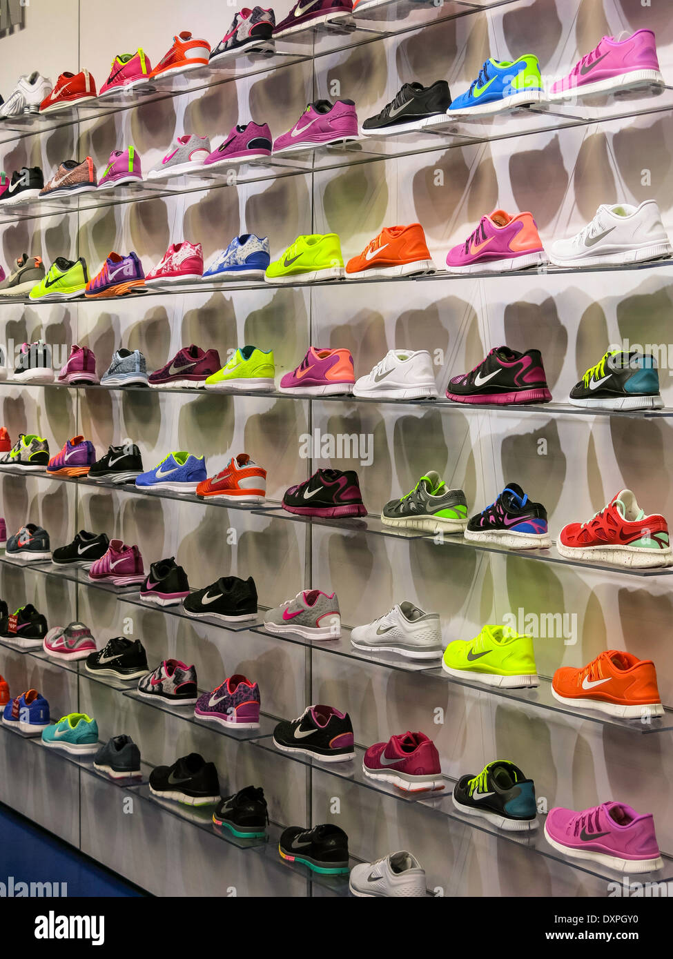 A colorful display of NIKE footwear at the Footlocker store in the