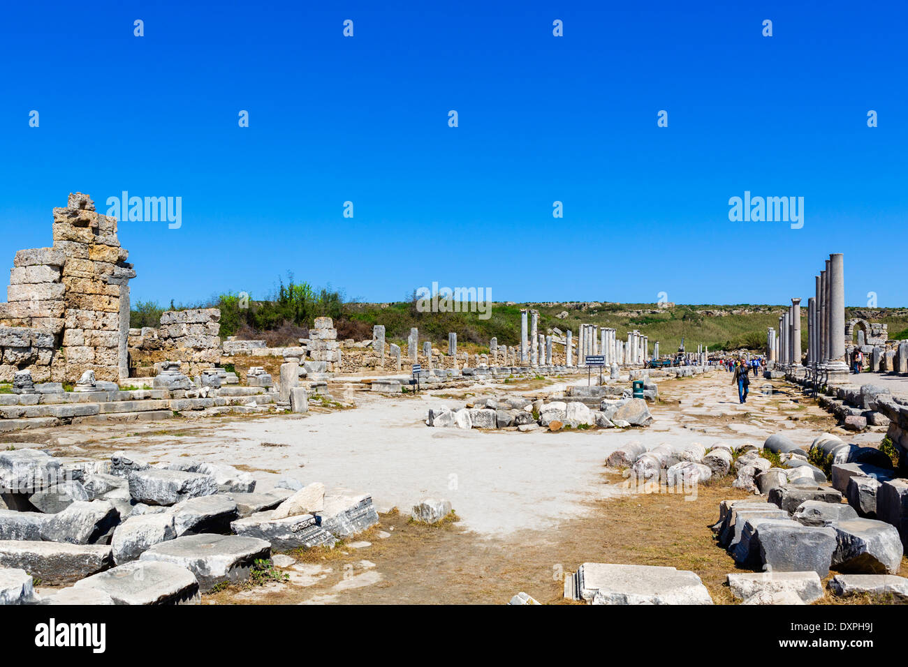 The Colonnaded street in the ruins of the ancient city of Perge, Pamphylia, Antalya Province, Turkey Stock Photo