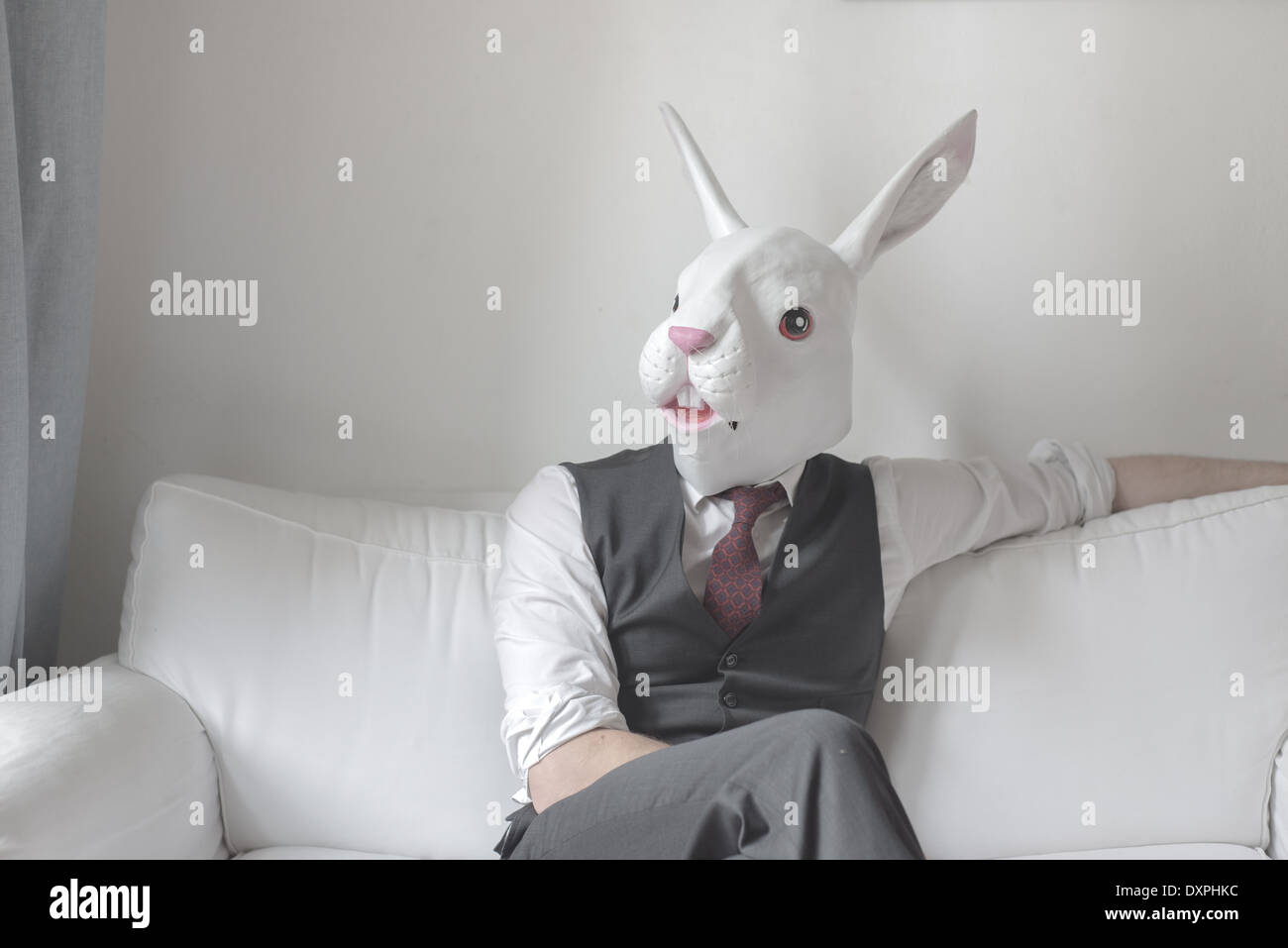 rabbit mask man sitting on sofa at home Stock Photo - Alamy