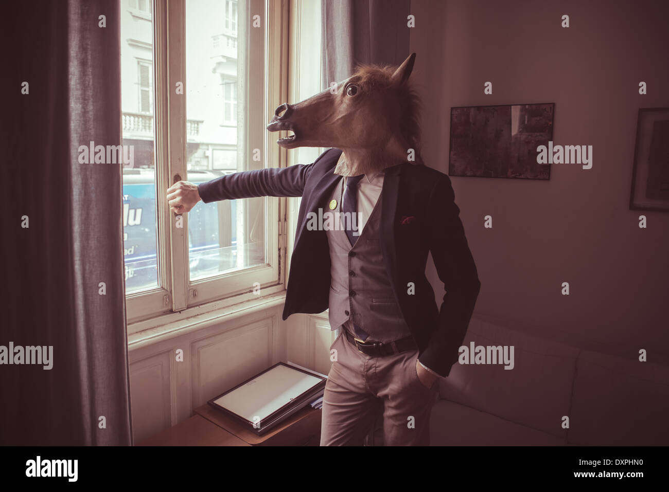 horse mask man in front of window at home Stock Photo Alamy
