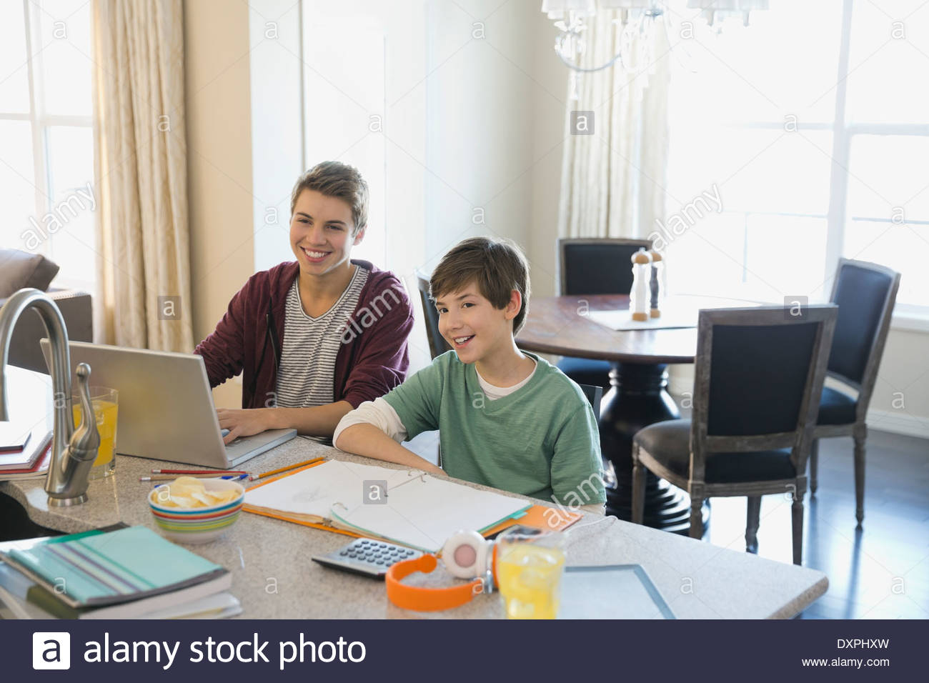 Smiling brothers studying at home Stock Photo