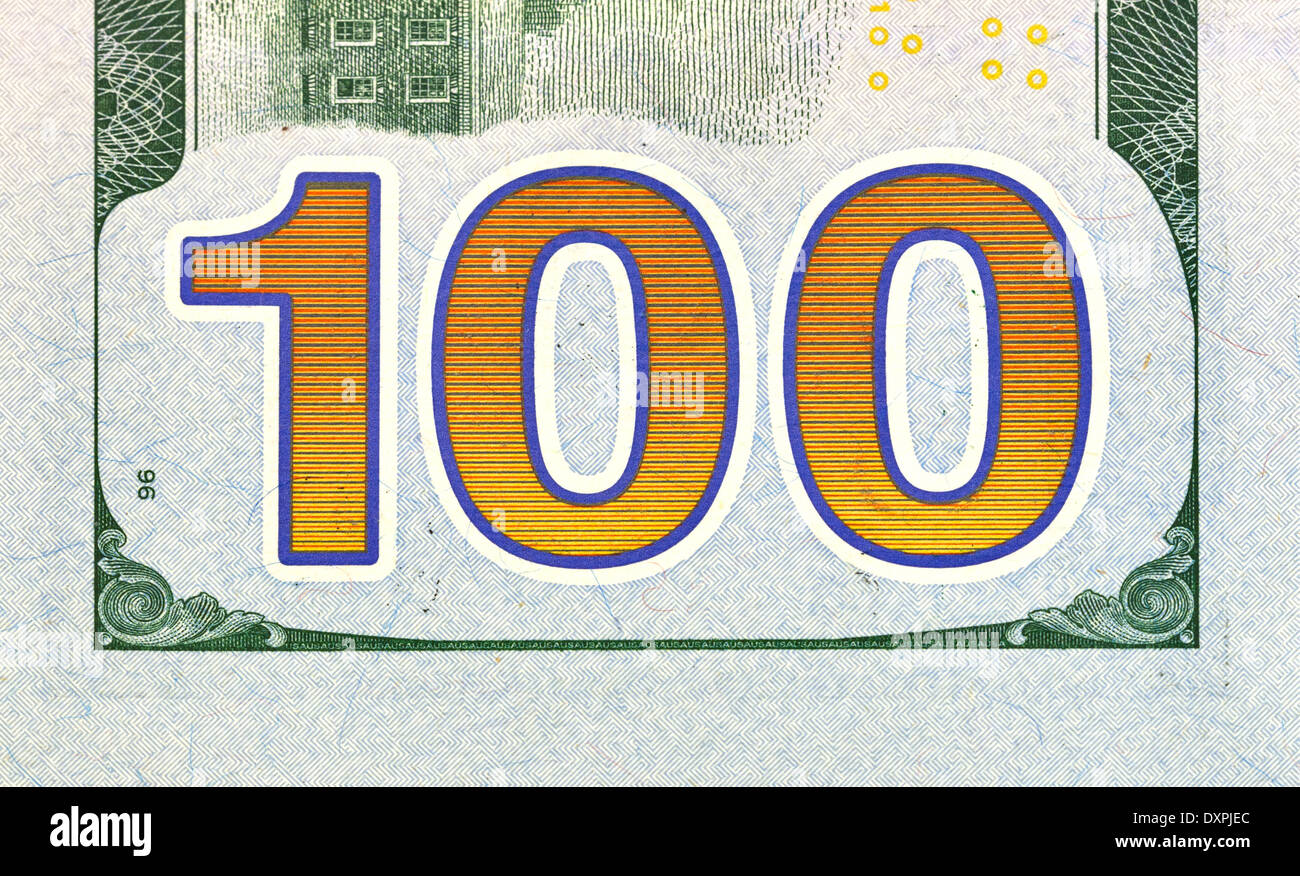 Number 100. Hundred dollars bill fragment macro, new edition. Stock Photo