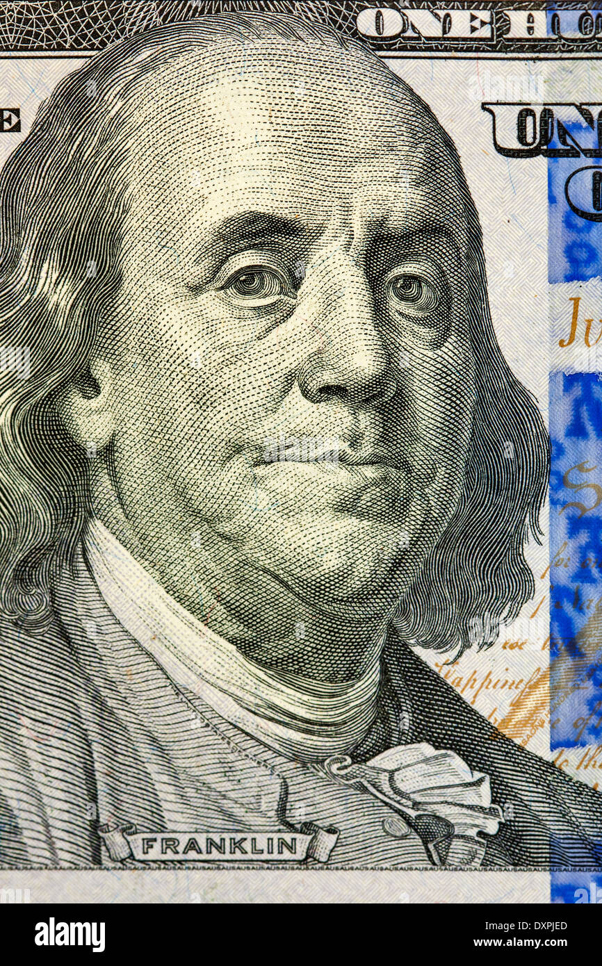 Portrait of Benjamin Franklin macro from one hundred dollars bill, new edition Stock Photo