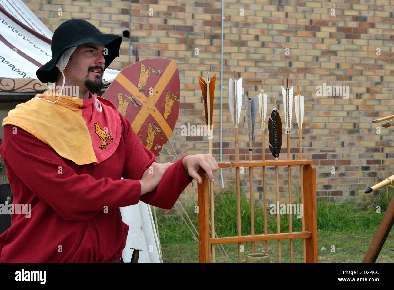 Medieval reentactor, fletcher salesman Stock Photo Alamy
