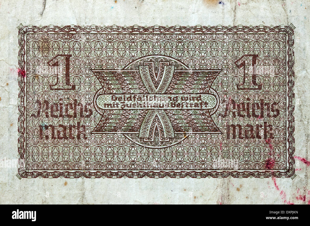 1 Reichsmark 1938-1945 banknote back side macro against white. Banknotes for circulation in the occupied territories Stock Photo