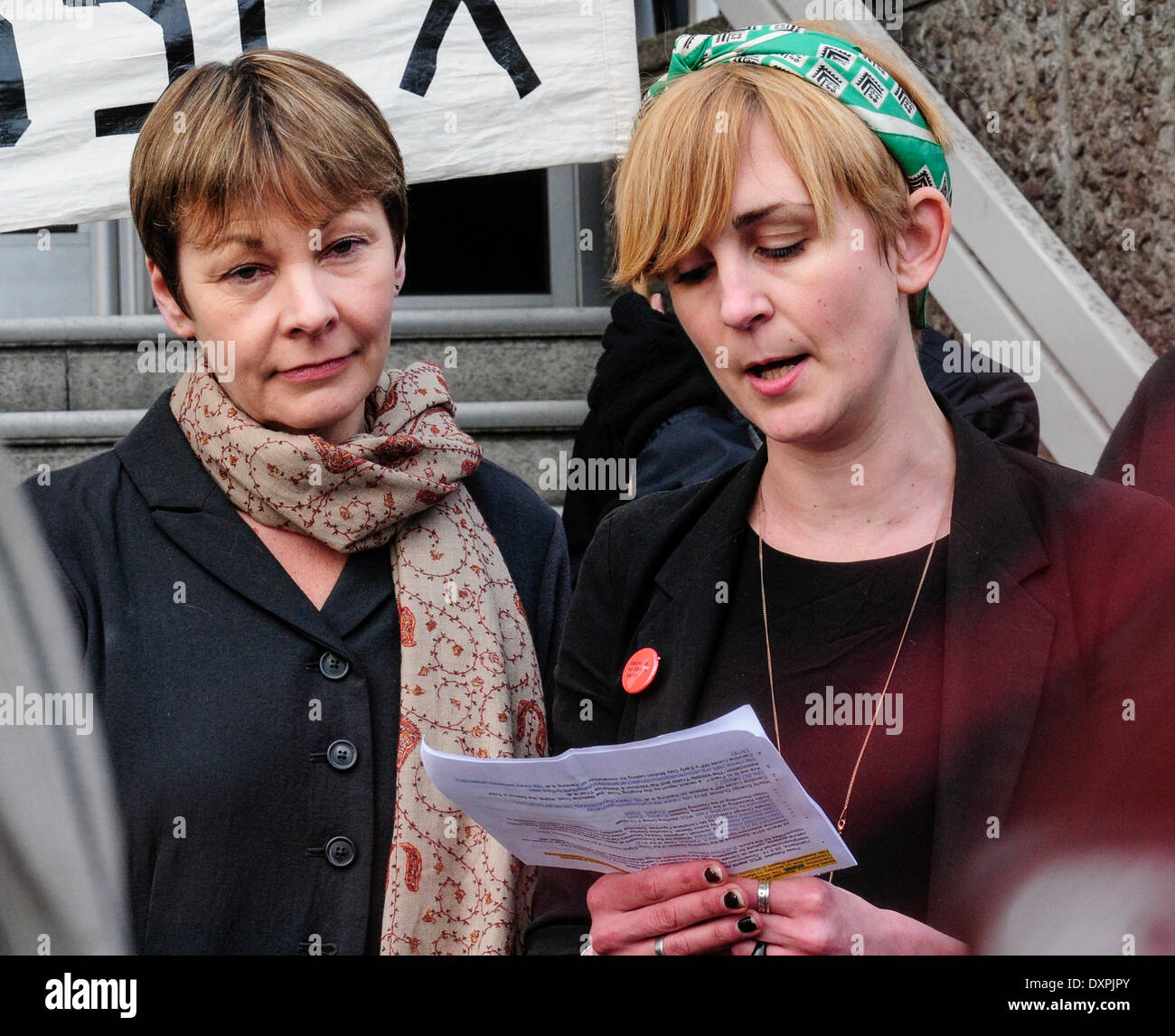 Brighton, East Sussex, UK..28 March  2014..Caroline Lucas MP outside Brighton Court  with co defendants after day 5 of their trial charged with obstructing the highway and a public order offence at Balcome where Cuadrilla was test drilling in August. The case has been adjourned to 17 April. Ms Lucas joined co defendants and supporters outside the court where Sheila Menon, also charged, read a statement  about Fracking and Ms Lucas thanked her supporters.. David Burr/Alamy Live News Stock Photo