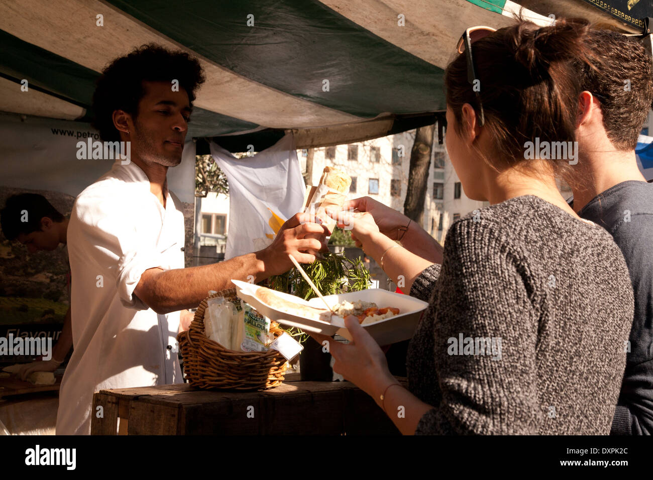 Cypriot food stand at food market in Southbank, London. Stock Photo