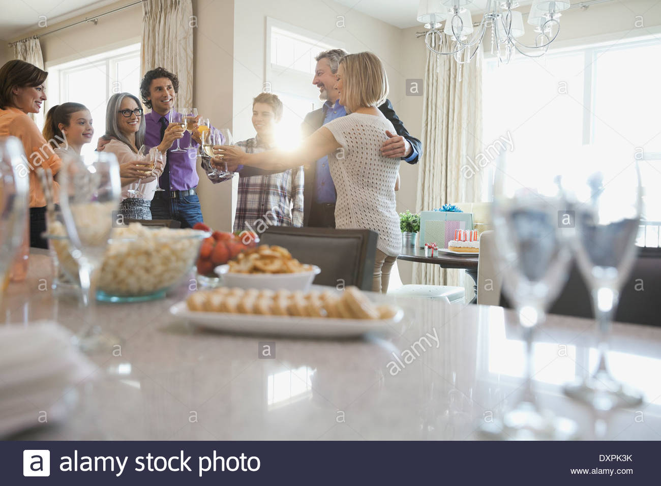 Family and friends toasting wineglasses at party Stock Photo