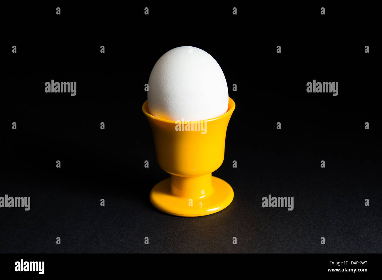 Single egg in a yellow egg cup at black background Stock Photo