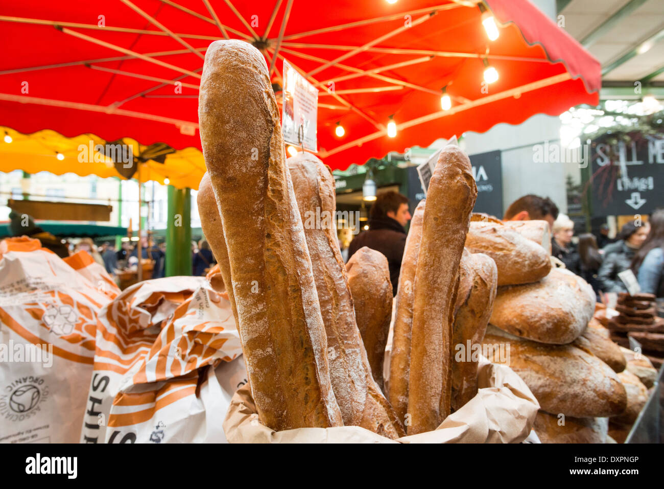 French bread stall in Borough Market, London, UK Stock Photo