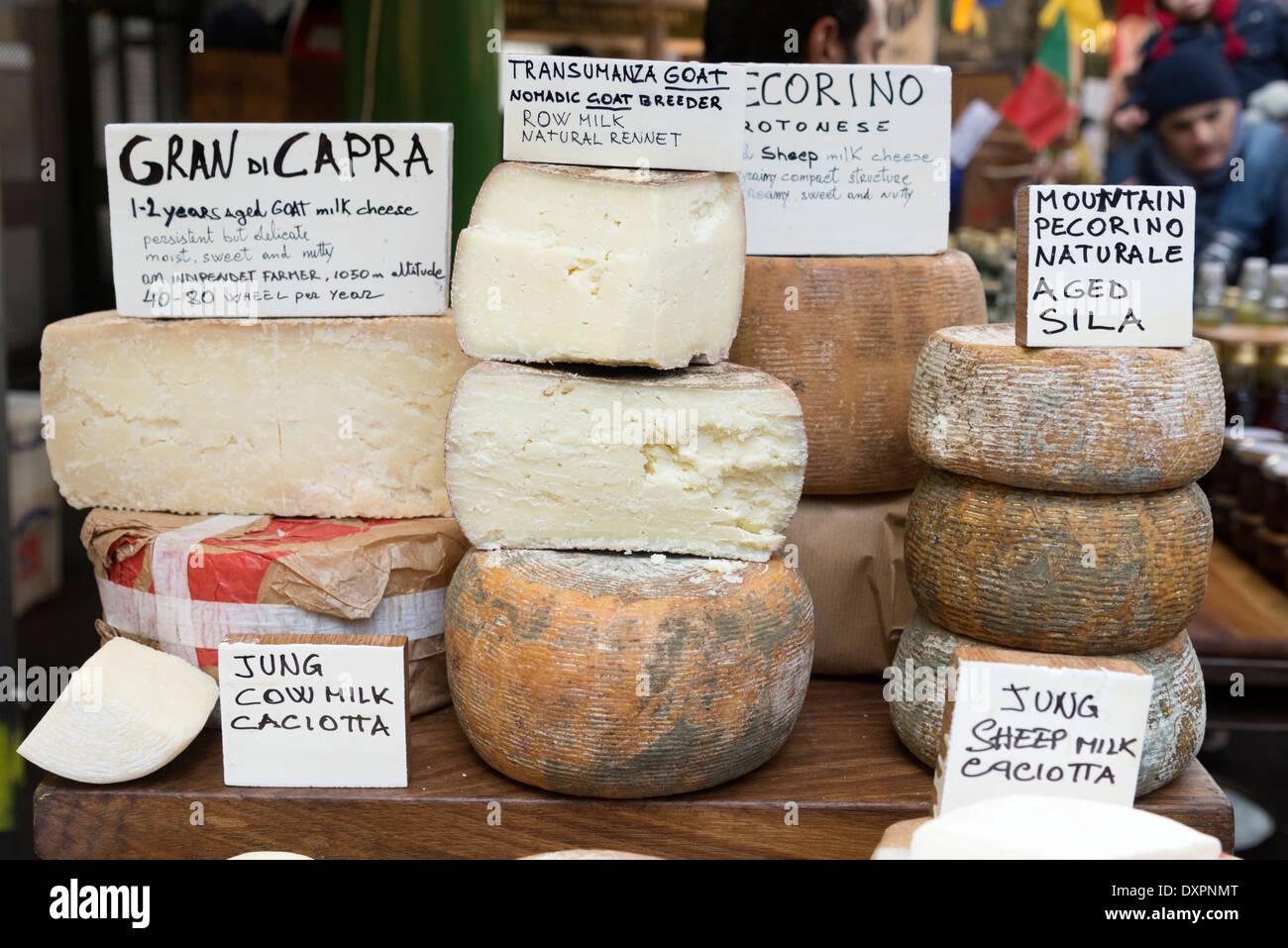 Italian cheeses on a stall in Borough Market, London, England, UK Stock Photo