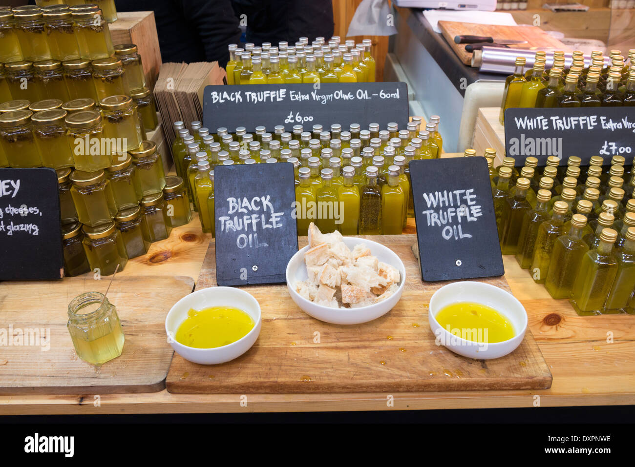 Black truffle oil on a stall in Borough Market, London, England, UK Stock Photo