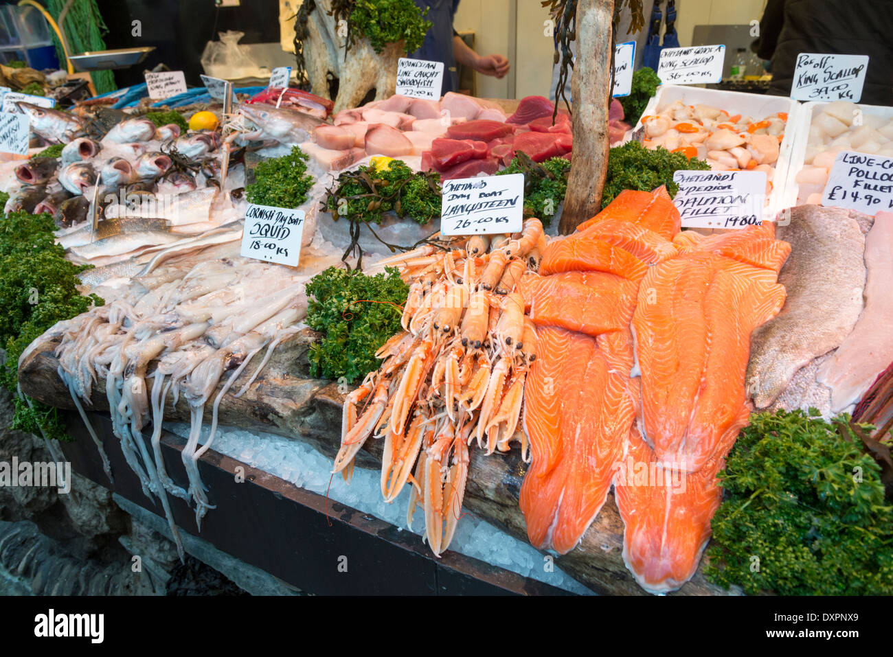Fishmonger stall in Borough Market, London, England, UK Stock Photo
