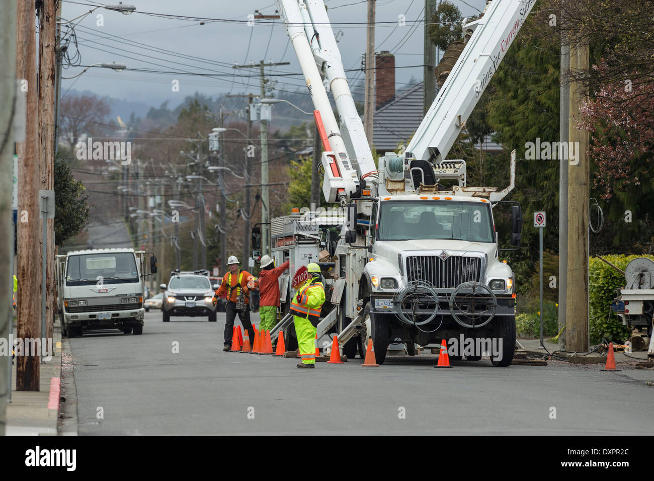 Electric utility workers preparing to work on hydro poleVictoria