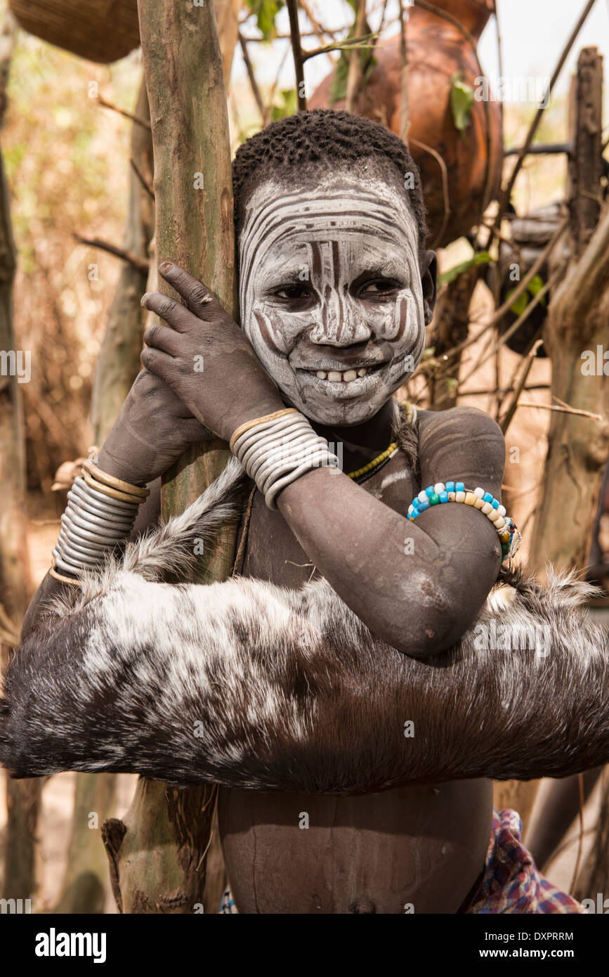 Mursi boy in the Lower Omo Valley of Ethiopia Stock Photo