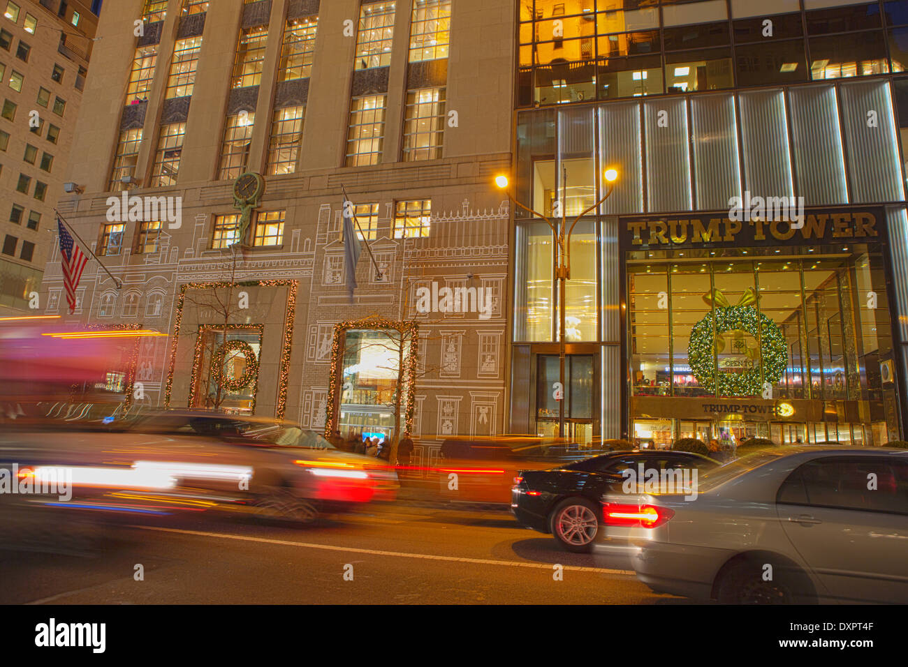 The Tiffany & Co., and Trump Tower on Fifth Avenue with holiday decoration, New York City, NY, USA Stock Photo