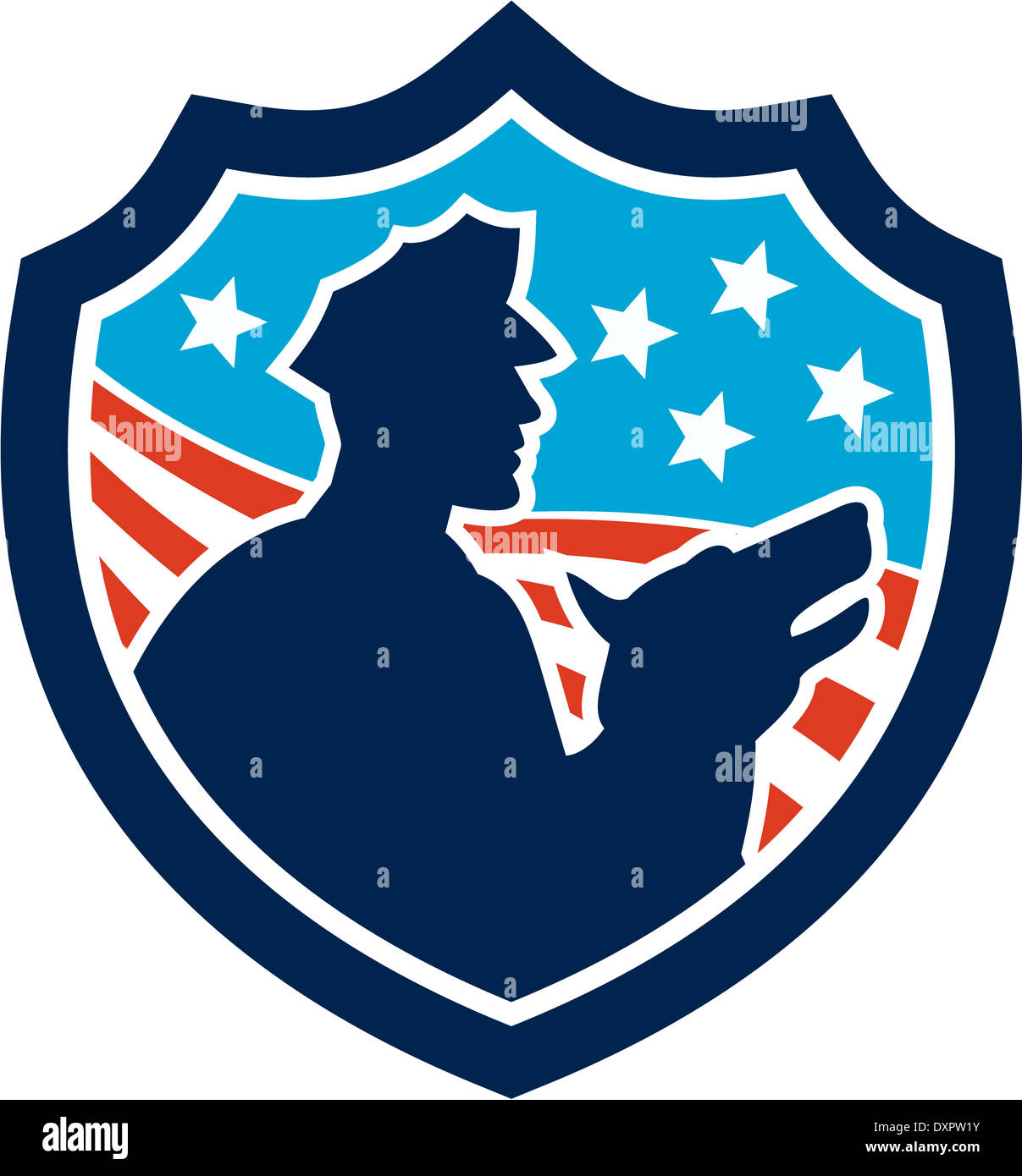 Illustration of a silhouette of a policeman security guard with police dog with American stars and stripes set inside shield done in retro style. Stock Photo
