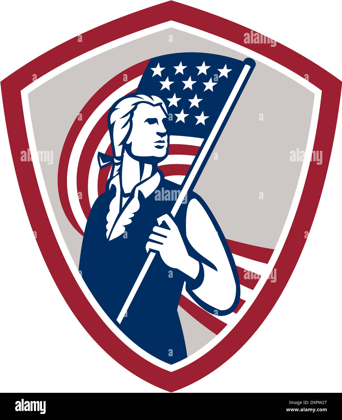 Illustration of an American Patriot holding a USA stars and stripes flag set inside crest shield on isolated white background done in retro style. Stock Photo