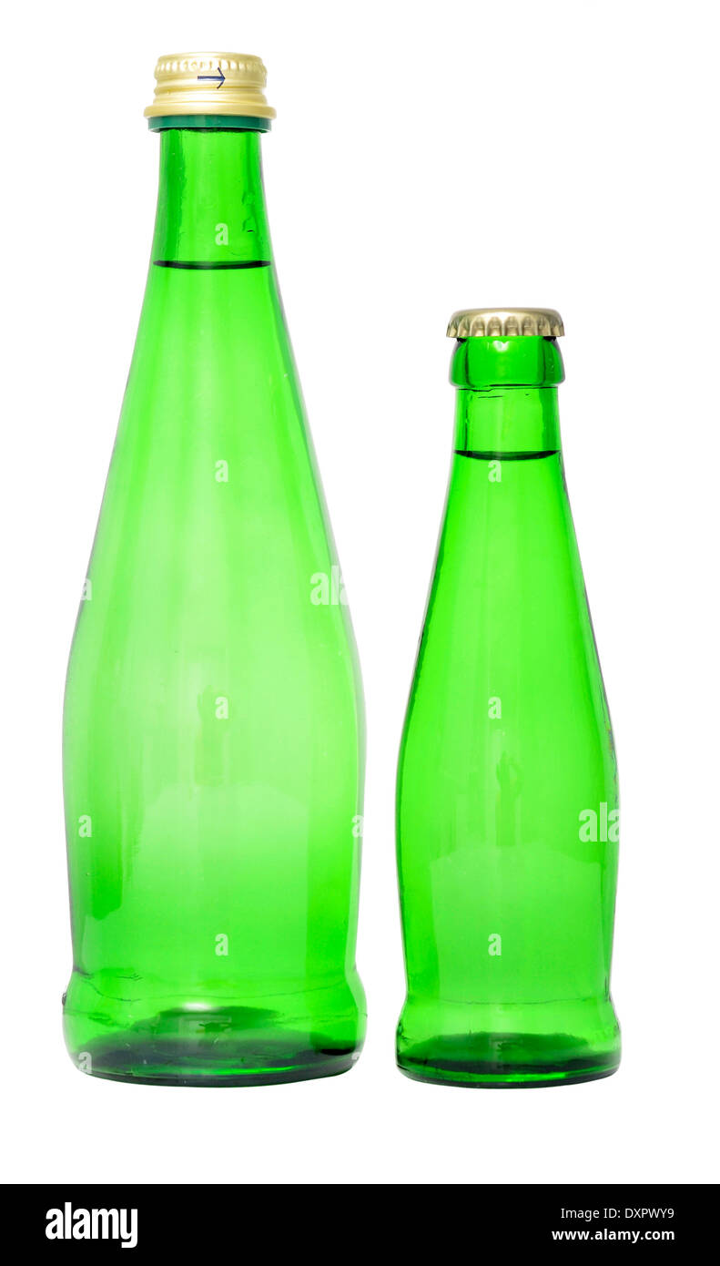 two green bottles with mineral water isolated on white background Stock Photo Alamy