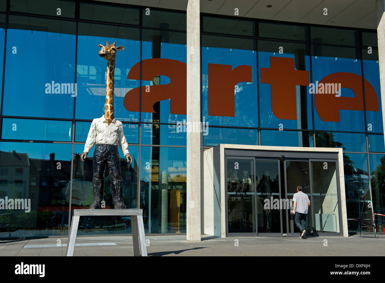Sculpture Homme-Girafe by Stefan Balkenhol at the headquarters of the Franco-German TV network ARTE, Strasbourg, Alsace, France Stock Photo