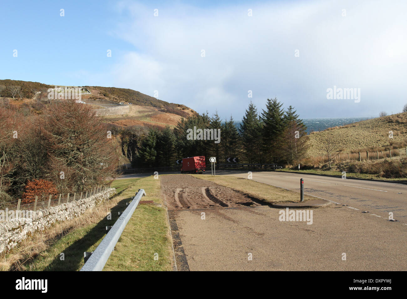 escape lane with gravel trap on steep hill on A9 near Berriedale ...